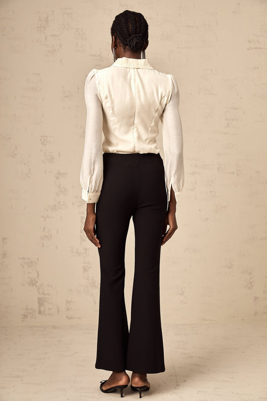 Margherita Black Studded Bow Ankle-Length Trousers with Patch Pockets and Flared Hem