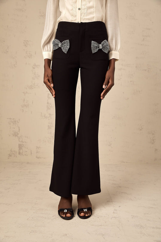 Margherita Black Studded Bow Ankle-Length Trousers