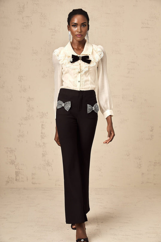 Margherita Black Studded Bow Ankle-Length Trousers with Flared Hem and Front Patch Pockets