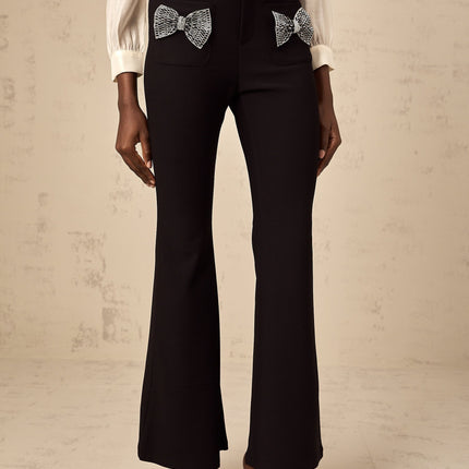 Margherita Black Studded Bow Ankle-Length Trousers with Front Pockets and Flared Hem