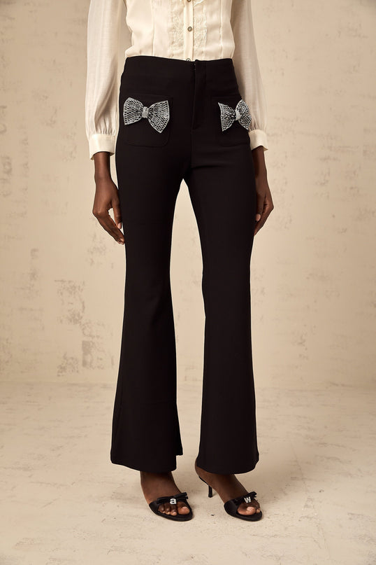 Margherita Black Studded Bow Ankle-Length Trousers with Front Pockets and Flared Hem