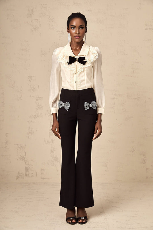 Margherita Black Studded Bow Ankle-Length Trousers