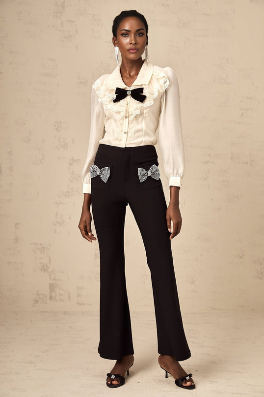 Margherita Black Studded Bow Ankle-Length Trousers with Flared Hem and Front Pockets