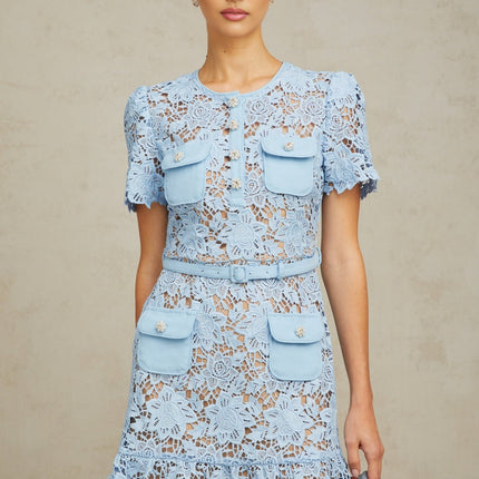 Margherita Blue Guipure Lace Floral Appliqué Mini Dress