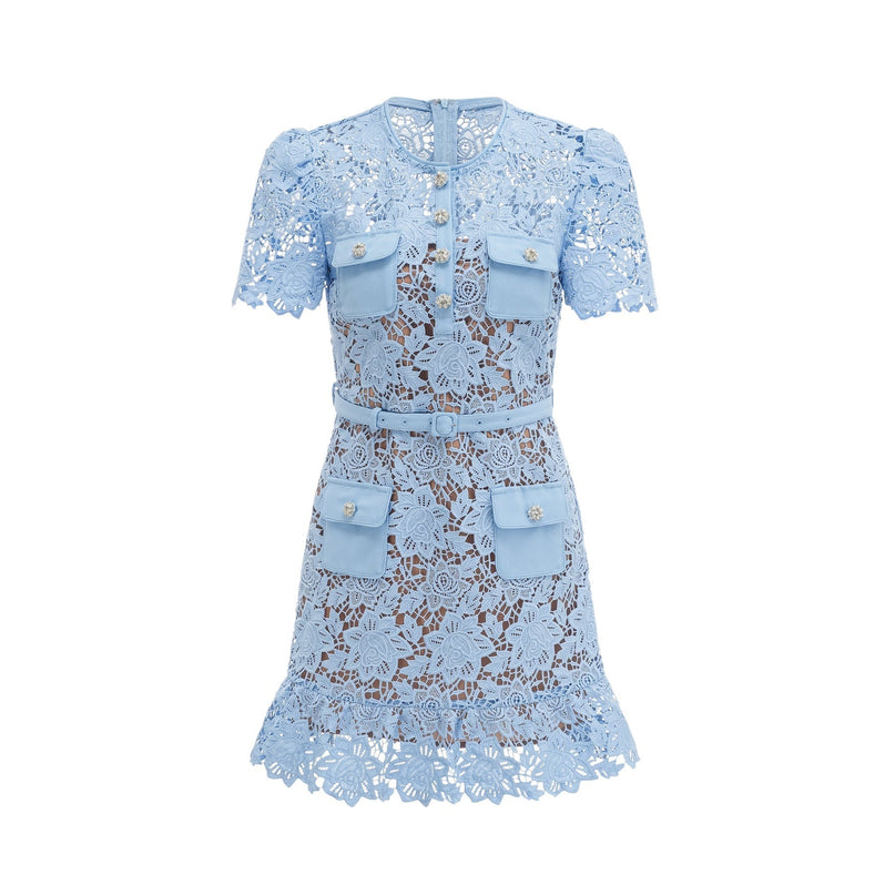 Margherita Blue Guipure Lace Floral Appliqué Mini Dress