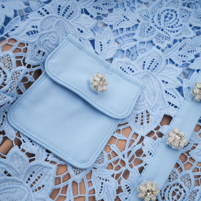 Margherita Blue Guipure Lace Floral Appliqué Mini Dress