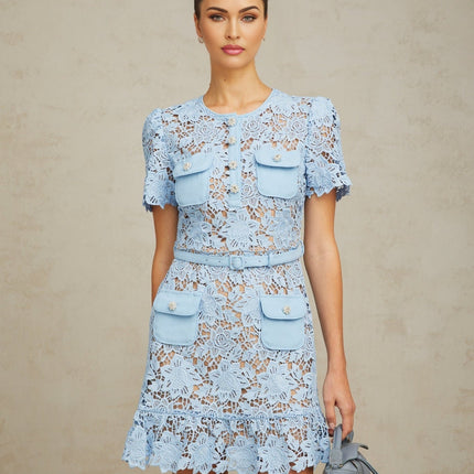 Margherita Blue Guipure Lace Floral Appliqué Mini Dress with Ruffled Hem and Crystal-Embellished Buttons