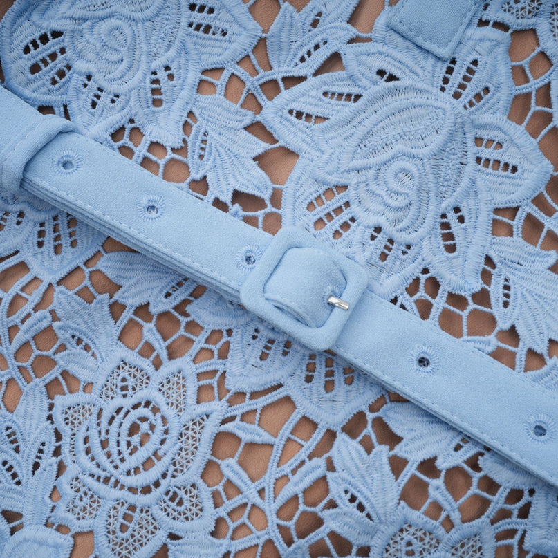 Margherita Blue Guipure Lace Floral Appliqué Mini Dress