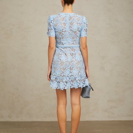 Margherita Blue Guipure Lace Floral Appliqué Mini Dress