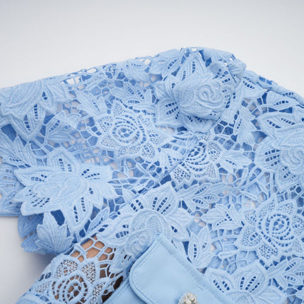 Margherita Blue Guipure Lace Floral Appliqué Mini Dress with Crystal-Embellished Buttons