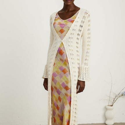 Margherita Crochet Knit Cardigan With Flared Cuffs in Neutrals