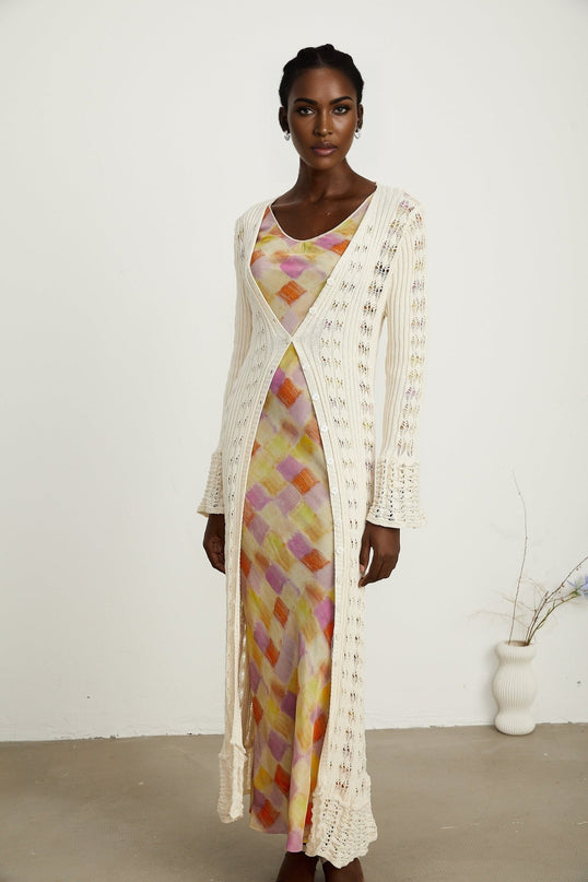 Margherita Crochet Knit Cardigan With Flared Cuffs in Neutrals