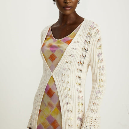 Margherita Crochet Knit Cardigan With Flared Cuffs in Neutrals