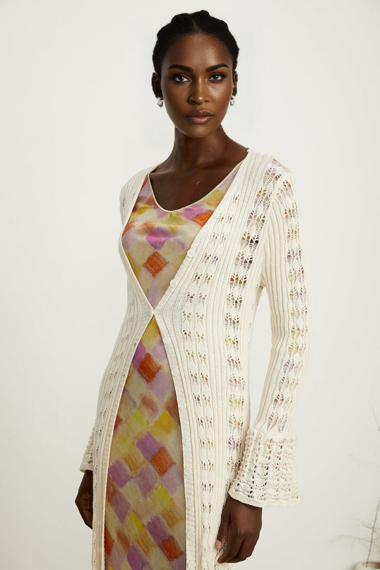 Margherita Crochet Knit Cardigan With Flared Cuffs in Neutrals