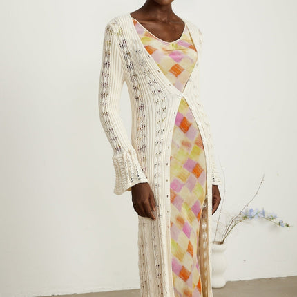 Margherita Crochet Knit Cardigan With Flared Cuffs Neutrals
