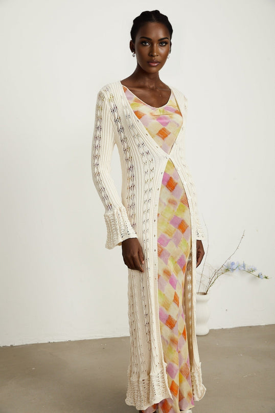Margherita Crochet Knit Cardigan With Flared Cuffs Neutrals