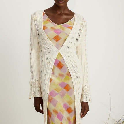 Margherita Crochet Knit Cardigan With Flared Cuffs in Neutrals