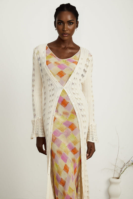 Margherita Crochet Knit Cardigan With Flared Cuffs in Neutrals