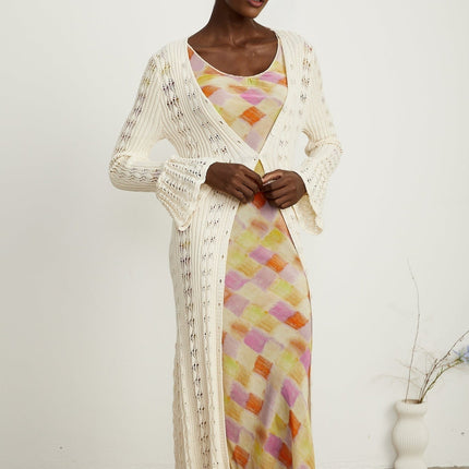 Margherita Crochet Knit Cardigan With Flared Cuffs in Neutrals