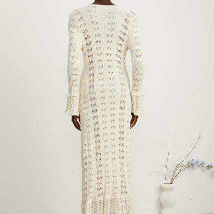 Margherita Crochet Knit Cardigan With Flared Cuffs in Neutrals