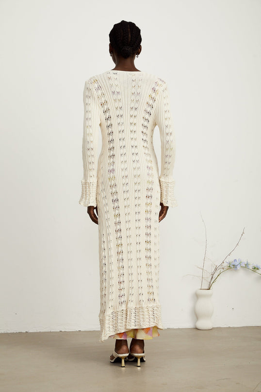 Margherita Crochet Knit Cardigan With Flared Cuffs in Neutrals
