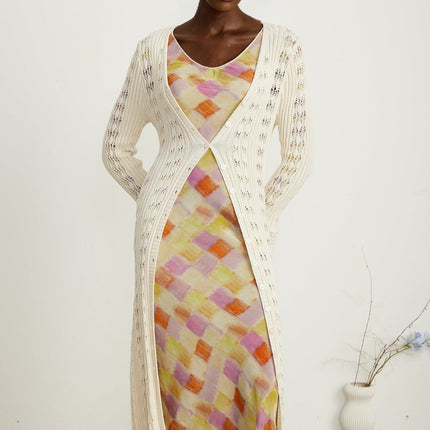 Margherita Crochet Knit Cardigan With Flared Cuffs in Neutrals