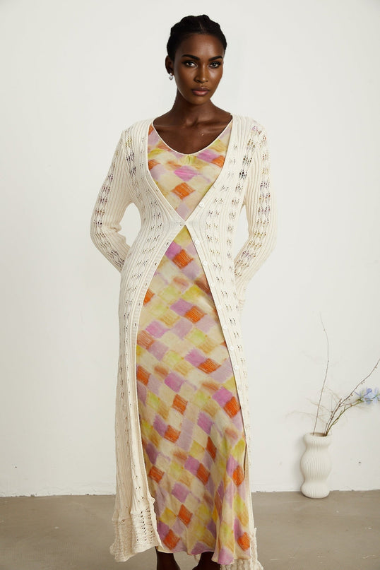 Margherita Crochet Knit Cardigan With Flared Cuffs in Neutrals