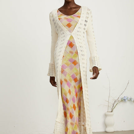 Margherita Crochet Knit Cardigan With Flared Cuffs in Neutrals