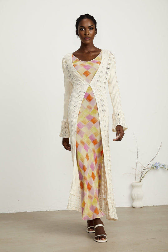 Margherita Crochet Knit Cardigan With Flared Cuffs in Neutrals