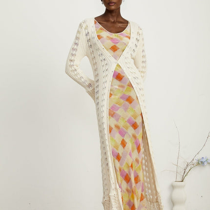 Margherita Crochet Knit Cardigan With Flared Cuffs in Neutrals
