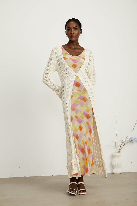 Margherita Crochet Knit Cardigan With Flared Cuffs in Neutrals