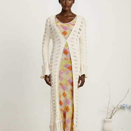 Margherita Crochet Knit Cardigan With Flared Cuffs in Neutrals