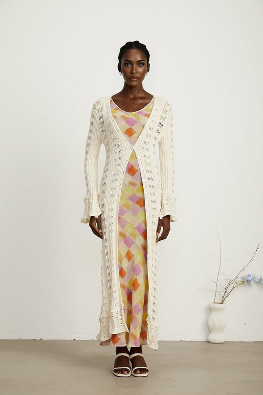 Margherita Crochet Knit Cardigan With Flared Cuffs in Neutrals