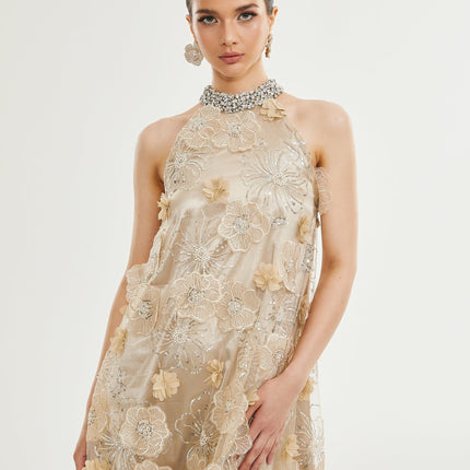 Margherita Mini Dress in Neutrals floral appliqué crystal embellishments layered design mini length round neck rear button fastening 100% polyester elegance sophistication glamour grace charm luxury versatile upscale occasion timeless exquisite creation