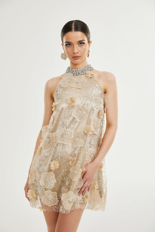 Margherita Mini Dress in Neutrals floral appliqué crystal embellishments layered design mini length round neck rear button fastening 100% polyester elegance sophistication glamour grace charm luxury versatile upscale occasion timeless exquisite creation