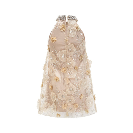 Margherita Mini Dress Neutrals Floral Applique Crystal Embellishments Layered Design Round Neck Rear Button Fastening 100% Polyester