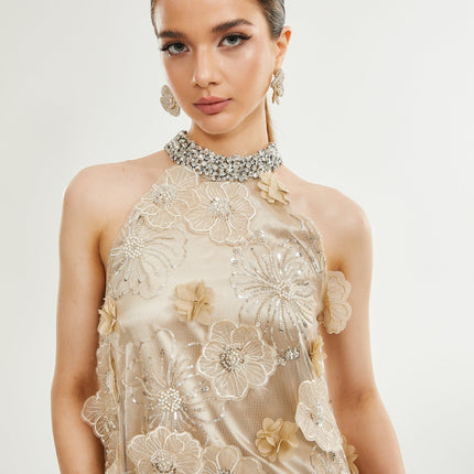 Margherita Mini Dress in Neutrals Floral Appliqué Crystal Embellishments Layered Design Sleeveless Round Neck Rear Button Fastening 100% Polyester Elegance Sophistication Grace Charm Glamour Luxury Comfort Versatile Timeless Exquisite Creation