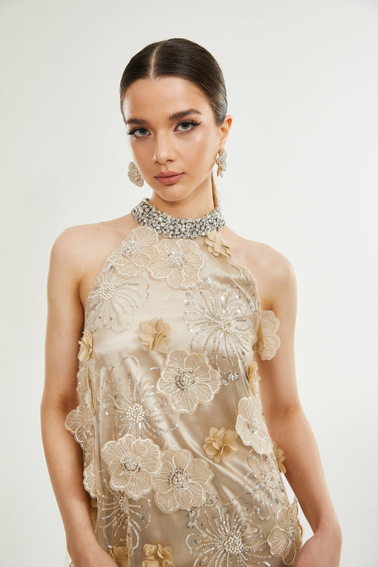Margherita Mini Dress in Neutrals Floral Appliqué Crystal Embellishments Layered Design Sleeveless Round Neck Rear Button Fastening 100% Polyester Elegance Sophistication Grace Charm Glamour Luxury Comfort Versatile Timeless Exquisite Creation