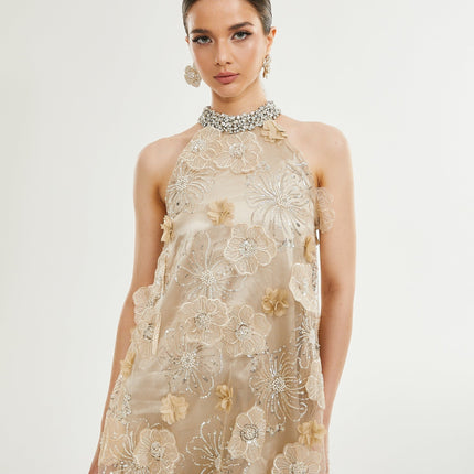 Margherita Mini Dress in Neutrals floral appliqué crystal embellishments layered design mini length round neck rear button fastening 100% polyester elegance sophistication glamour grace charm comfort luxury timeless creation