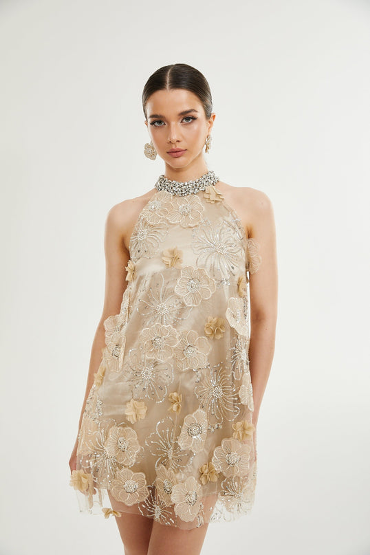 Margherita Mini Dress in Neutrals floral appliqué crystal embellishments layered design mini length round neck rear button fastening 100% polyester elegance sophistication glamour grace charm comfort luxury timeless creation