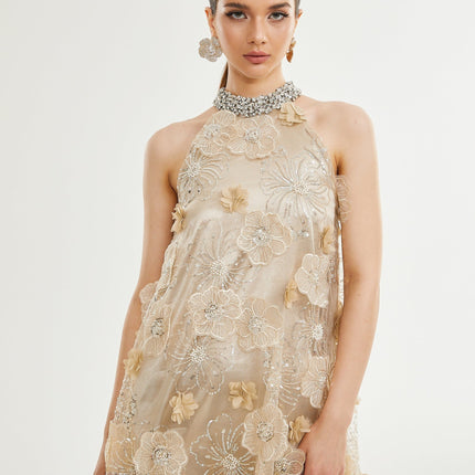 Margherita Mini Dress Neutrals Floral Appliqué Crystal Embellishments Layered Design Sleeveless Round Neck Rear Button Fastening 100% Polyester Elegance Sophistication Glamour Grace Charm Luxury Timeless Exquisite Creation