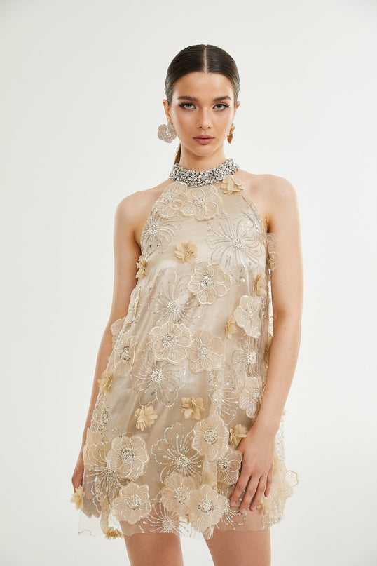 Margherita Mini Dress Neutrals Floral Appliqué Crystal Embellishments Layered Design Sleeveless Round Neck Rear Button Fastening 100% Polyester Elegance Sophistication Glamour Grace Charm Luxury Timeless Exquisite Creation