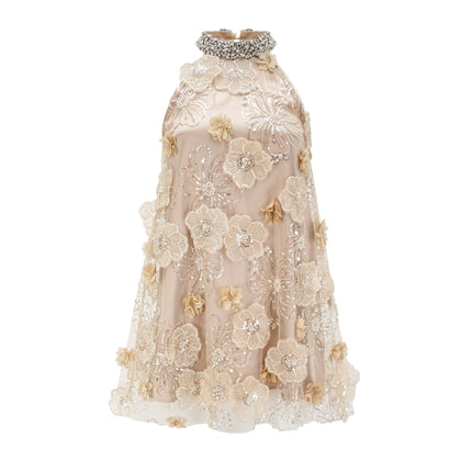 Margherita Mini Dress in Neutrals floral appliqué crystal embellishments layered design sleeveless round neck rear button fastening 100% polyester elegance sophistication glamour grace charm luxury timeless creation upscale occasion