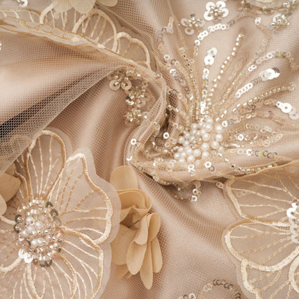 Margherita Mini Dress in Neutrals floral appliqué crystal embellishments sleeveless layered design mini length round neck rear button fastening 100% polyester elegance sophistication glamour grace charm luxury versatile upscale occasion timeless exquisite creation