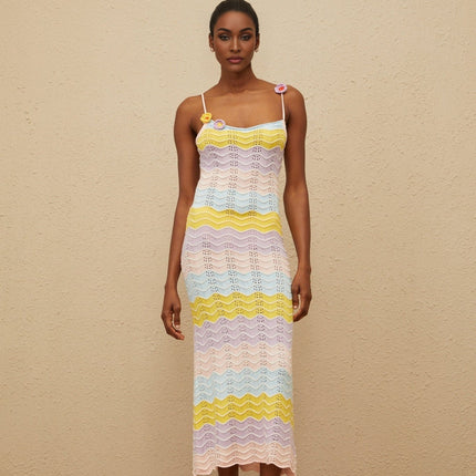 Margherita Pink Crochet Floral Appliqué Midi Dress Wave Pattern