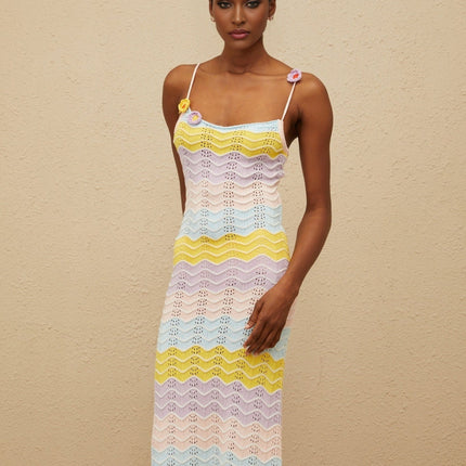 Margherita Pink Crochet Floral Appliqué Midi Dress Wave Pattern