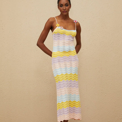 Margherita Pink Crochet Floral Appliqué Midi Dress Wave Pattern Scallop Hem Sleeveless Spaghetti Straps Scoop Neck Fitted Terylene Acrylic Nylon Wool Luxury Whimsical Charm
