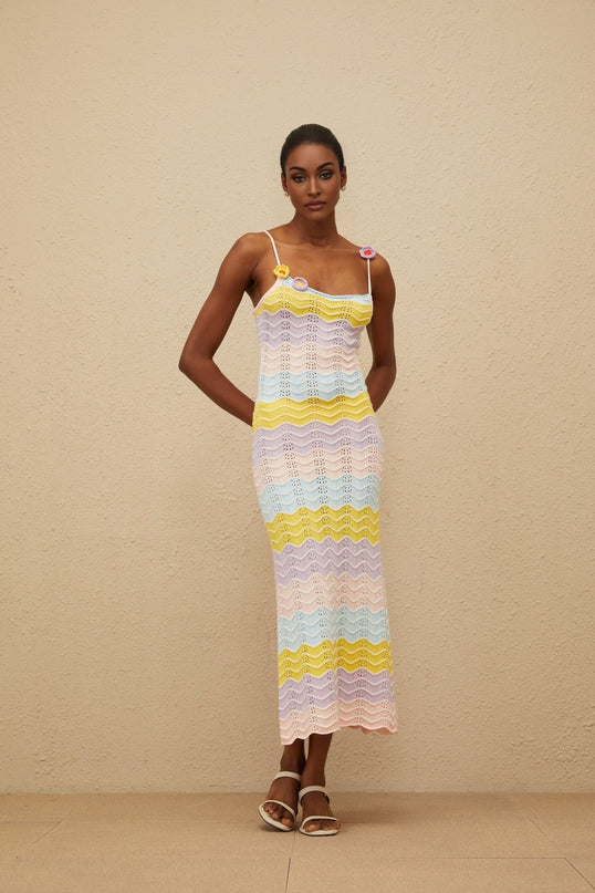 Margherita Pink Crochet Floral Appliqué Midi Dress Wave Pattern Scallop Hem Sleeveless Spaghetti Straps Scoop Neck Fitted Terylene Acrylic Nylon Wool Luxury Whimsical Charm