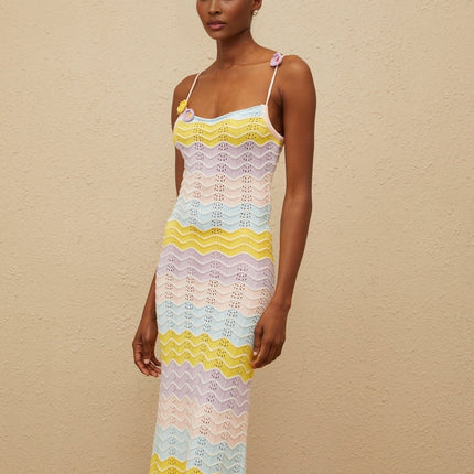 Margherita Pink Crochet Floral Appliqué Midi Dress Wave Pattern Scallop Hem Spaghetti Strap Sleeveless Scoop Neck Fitted Terylene Acrylic Nylon Wool Luxury Whimsical Charm