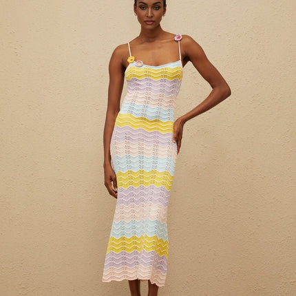 Margherita Pink Crochet Floral Appliqué Midi Dress Wave Pattern Scallop Hem Sleeveless Spaghetti Straps Scoop Neck Fitted Elegant Sophisticated Slip-On Style Terylene Acrylic Nylon Wool Blend Luxury Whimsical Charm